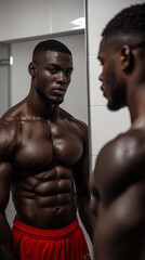 Fototapeta premium Black bodybuilder reflecting on fitness progress in bathroom mirror 