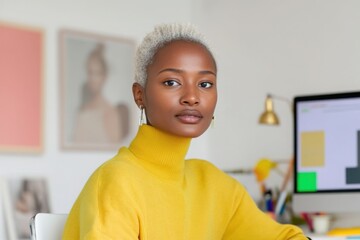 Young woman with short white hair and yellow turtleneck sweater working on desktop computer in modern design studio