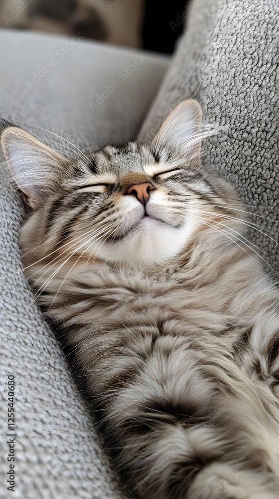 Poster peaceful slumber of a tabby cat resting on a soft gray cushion enjoying a moment of tranquility