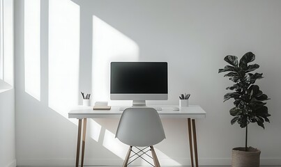 Clean background image of minimalistic apartment interior with focus on computer desk against white wall, copy space,Background image, background, indoor, window, carpet, empty space, no people

