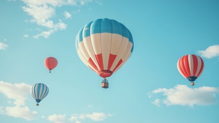 Fototapeta premium red , blue, white color hot air balloons flying in a clear blue sky. Vintage style, wide-angle, copy space concept.