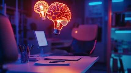 Creative Brainstorming Session with Brain-Shaped Light Bulbs Illuminating a Modern Desk