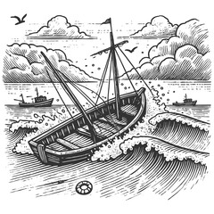 small boat in stormy seas, with crashing waves, dark clouds, and floating barrel for dramatic effect sketch engraving generative ai raster illustration. Scratch board imitation. Black and white image
