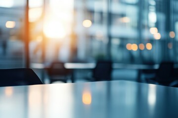 Modern Office Space: Gleaming table reflects the warm glow of a city sunset, blurred cityscape visible through large windows. The scene evokes feelings of calm productivity and success.