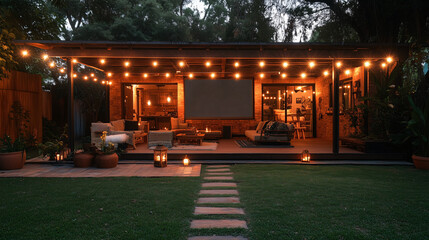 Modern outdoor living room with projector and string lights. Candles add coziness and a soft evening vibe.