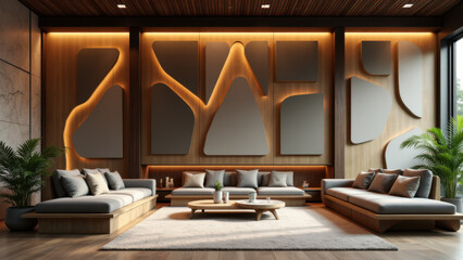 Modern living room with curved wooden acoustic panels and contemporary furnishings.