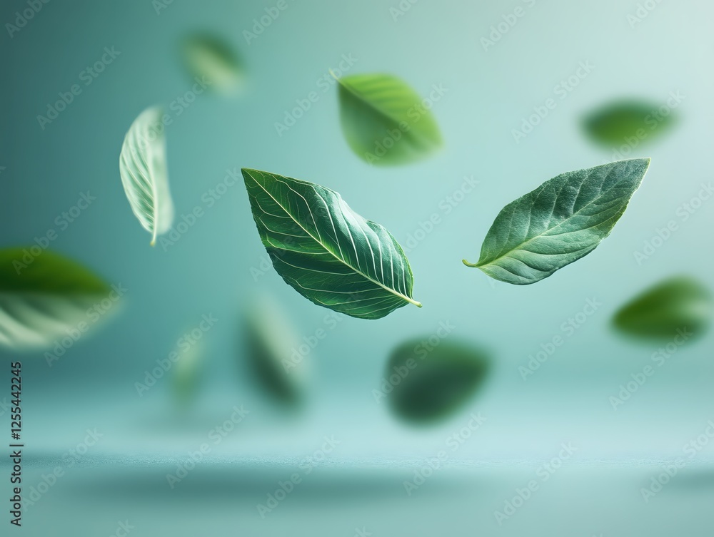 Poster floating green leaves on light blue background in studio setting for natural product display