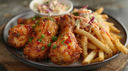 A crispy fried chicken bucket with golden brown pieces, served with coleslaw and fries