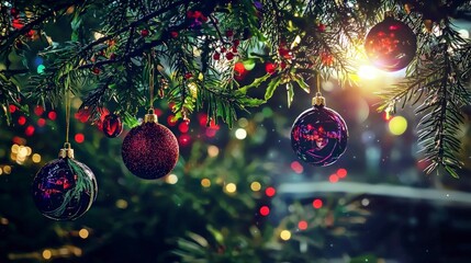 Dark Purple and Red Christmas Ornaments on a Twinkling Tree at Night