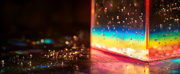 Fototapeta premium A close-up image of a transparent block of ice with water droplets, reflecting rainbow colors on a dark, wet surface, symbolizing the beauty of light, color, and fluidity.