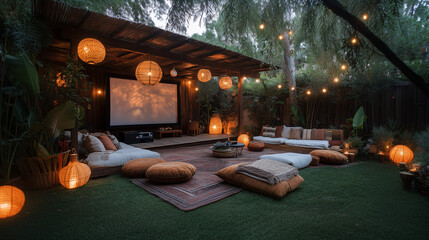 Cozy outdoor cinema with pillows, string lights and screen. Evening relaxation atmosphere in nature.