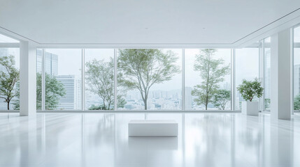 Minimalist interior with trees and panoramic windows. Spacious bright room with clean lines and natural accents.