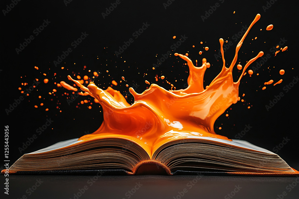 Poster an open book with vibrant orange paint splashing out, symbolizing creativity, energy, and imaginatio