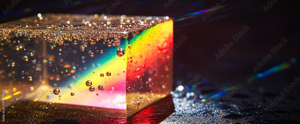 Poster Close-up shot of a transparent ice cube with water droplets, reflecting a vibrant rainbow on a dark surface, showcasing colorful light and texture in an abstract concept.