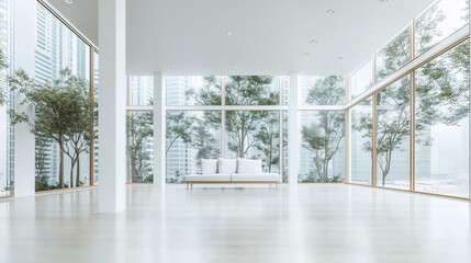 Bright minimalist space with indoor trees. Modern interior with white furniture and panoramic windows.