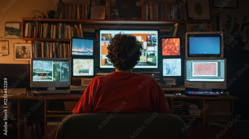 Poster tech enthusiast analyzing multiple screens in home office digital workspace nighttime creative persp