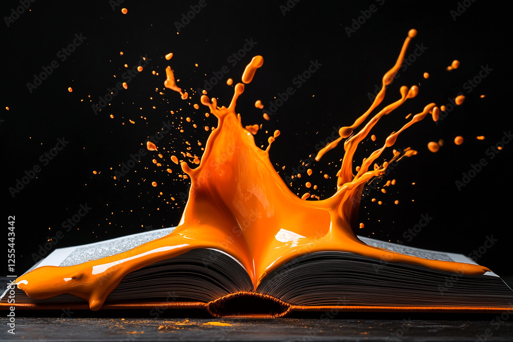 Poster an open book with bright orange paint splashing out, creating an artistic explosion symbolizing crea