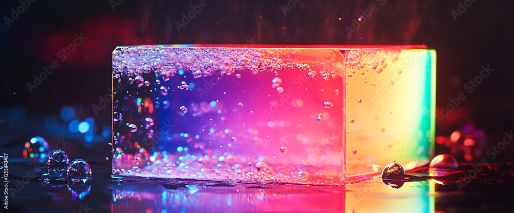 Poster Close-up of a transparent block of ice with water droplets and rainbow colors, creating a beautiful bokeh effect with reflections and glowing light on a dark surface.