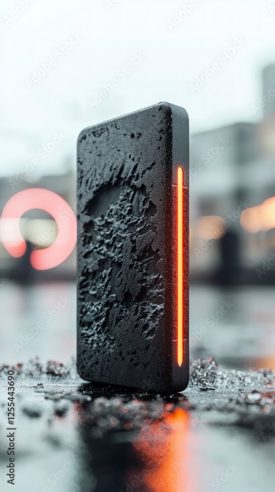 Poster dark stone object with glowing orange line in urban setting