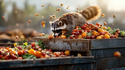 A raccoon is energetically feasting on a colorful array of fruits, showcasing its playful nature while enjoying the abundance of natural offerings in a reminiscent urban environment.
