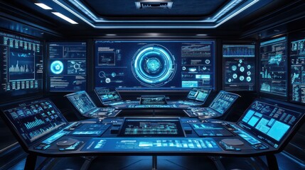 Obraz premium Futuristic control room monitors data, dark background