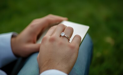 Fototapeta premium Engagement Ring Close Up: A close-up shot focuses on a man's hands holding a small notebook, showcasing a sparkling diamond engagement ring on his left ring finger.
