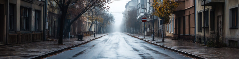 deserted urban street on foggy morning, with wet pavement and autumn trees lining sidewalks.