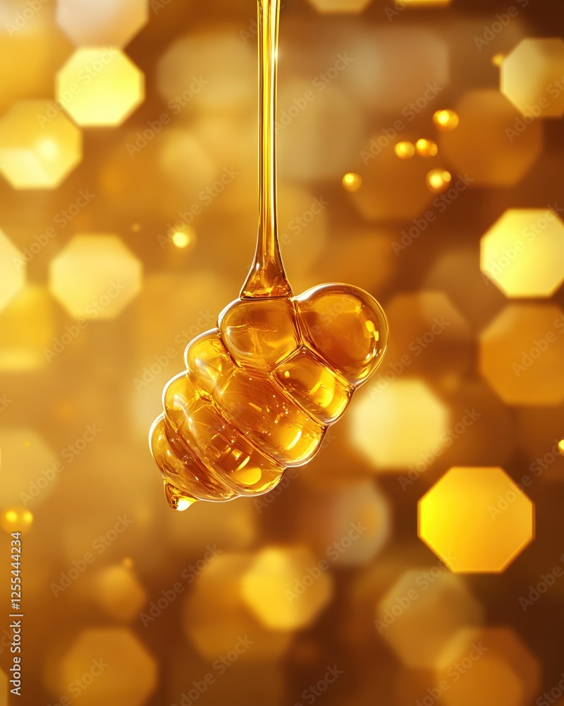 Aufkleber golden honey dripping from dipper against a blurred background of hexagonal bokeh lights