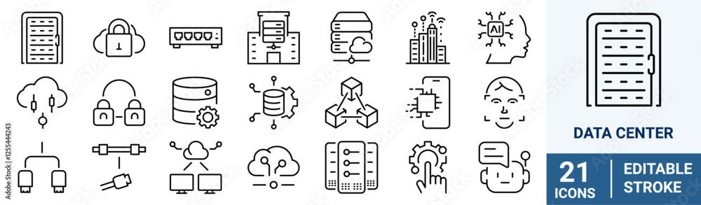 Poster data center web line icon. containing cloud computing, security, hosting, computer, internet, server