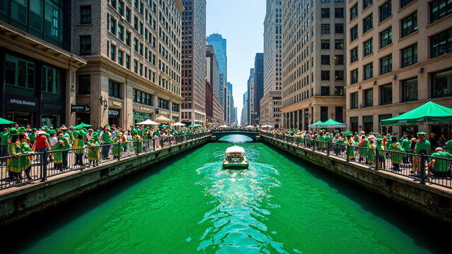 Chicago St. Patrick's Day Celebration: Emerald River, Festive Parade & Urban Skyline Ideal for Event Promotion and Marketing Media