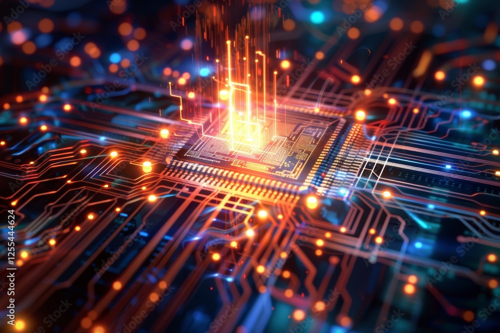 Poster innovative microchip technology showcasing vibrant data transfer and illuminated circuitry in a futu