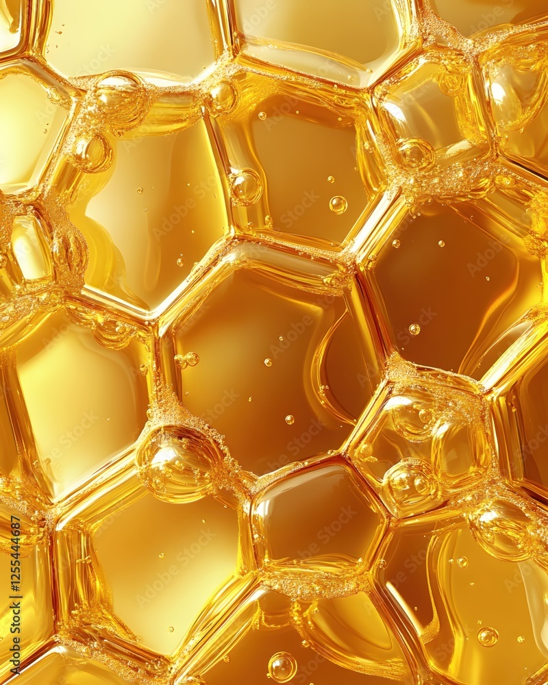 Poster abstract golden liquid with bubbles and hexagonal forms for science and technology concept