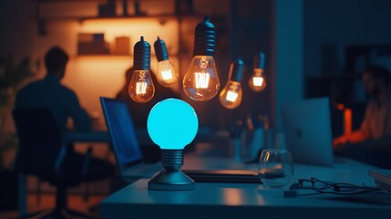 A creative office desk illuminated by floating light bulbs with a unique blue bulb stand