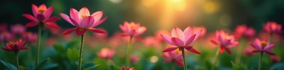 Naklejka premium Glowing petals unfurl on delicate stems in a hidden glade, foliage, petals