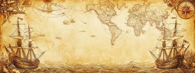 A very detailed vintage nautical drawing on aged paper, with an empty space in the center for text or decoration