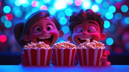 Cartoon kids enjoying popcorn at movie theater