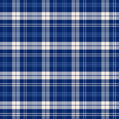 Plaid with twill weave repeat pattern in blue and white.Gingham seamless pattern with stripes.Checkered tartan Geometric graphic vector illustration background.