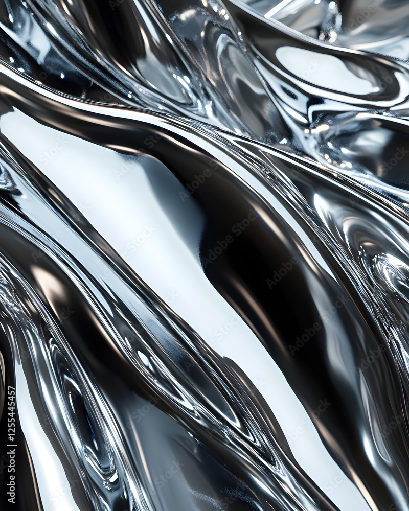 Poster abstract chrome waves surface with smooth reflections and metallic texture background