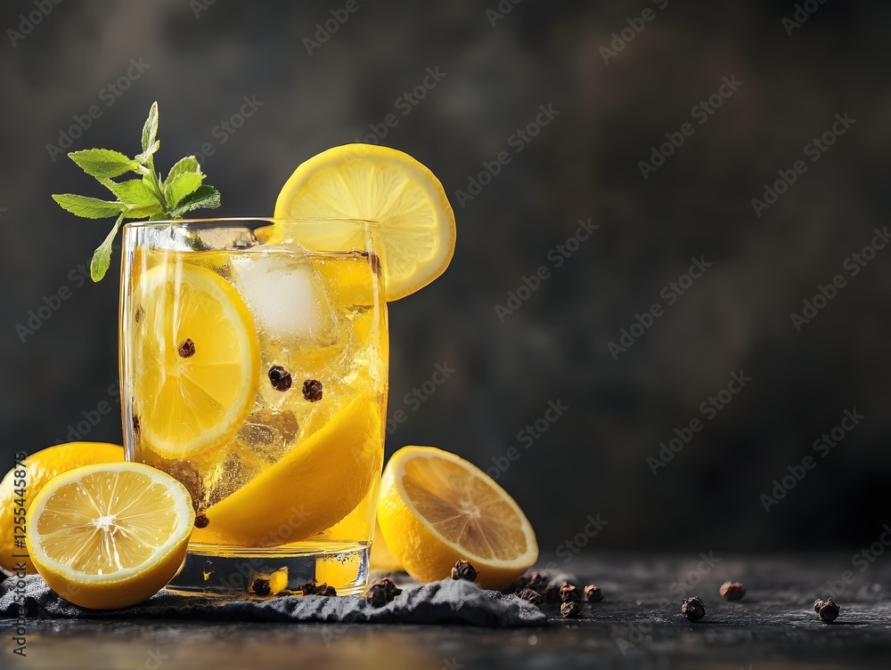 Poster refreshing lemon drink with ice and mint on dark backdrop creating a cool and vibrant mood