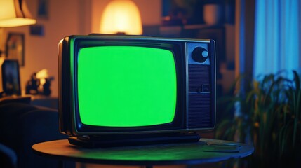 Vintage television with a green screen on a table in the living room