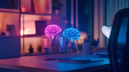 Illuminated brain light bulbs on a desk, representing innovative ideas and creativity