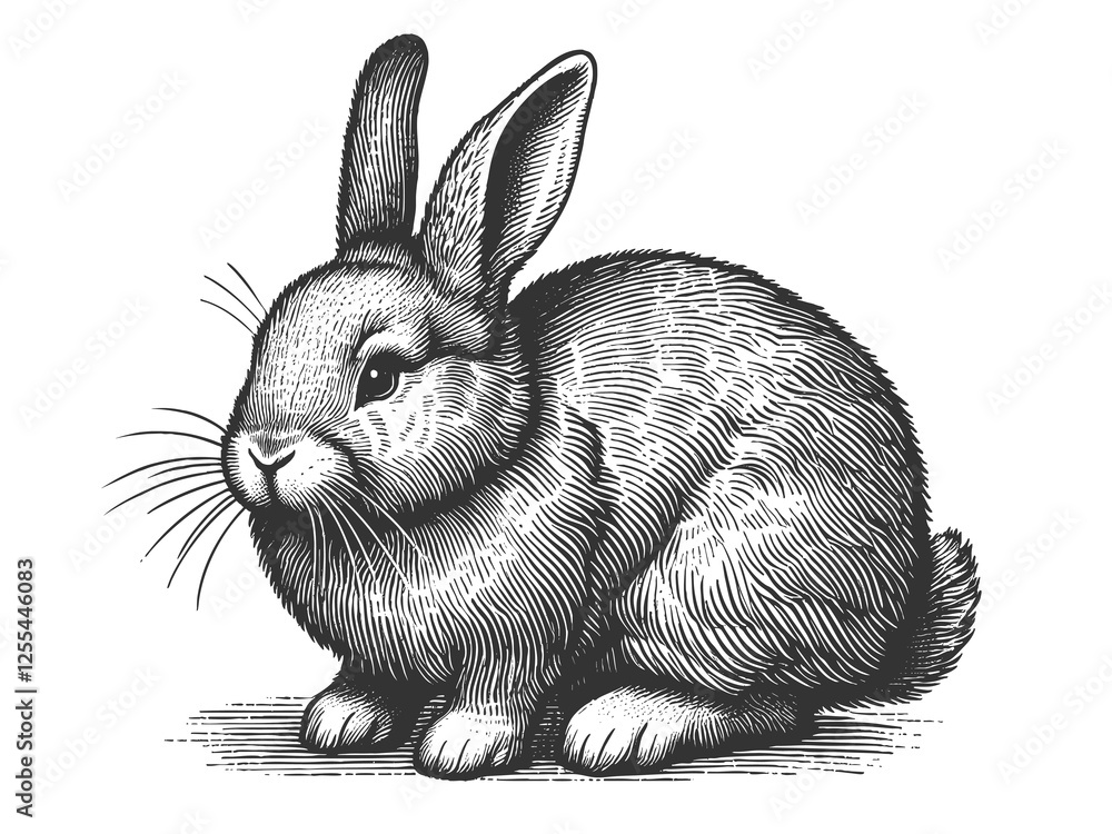 Poster fluffy rabbit sitting calmly, featuring intricate line work and realistic texture in a classic illus
