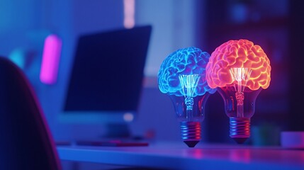 Illuminated Brain Lightbulbs on Desk Representing Innovative Ideas and Collaboration