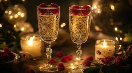 Two elegant champagne glasses with intricate etching, adorned with raspberries, surrounded by candles and fairy lights, creating a romantic Valentine's Day ambiance