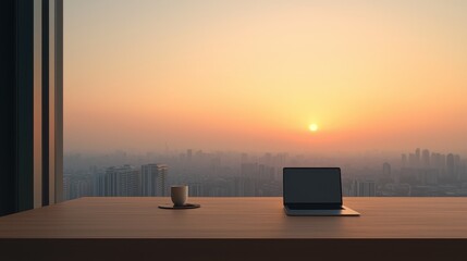 Sunrise workspace setting with laptop and coffee in urban landscape serene morning atmosphere minimalist view