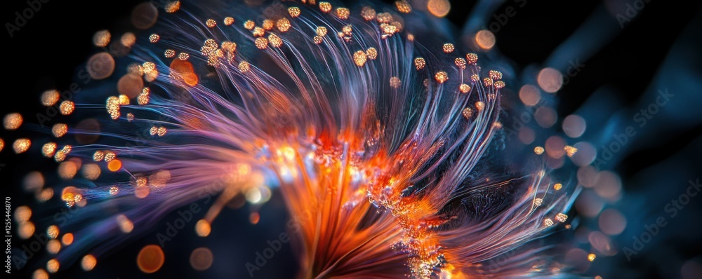Poster abstract macro of glowing fiber optic lights with vibrant colors and bokeh effect