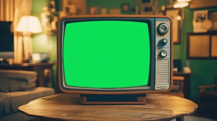 Vintage TV with green screen on a wooden table in a retro living room, close-up. Vintage TV set with a green chroma key for color focus and chromatic aberration