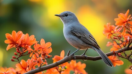 Obraz premium A Blue-gray Gnatcatcher perched in a branch full of light pink cherry blossoms as it glows in the soft evening sunlight with a smooth background., nature photography
