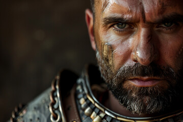 Generative AI image of a fierce ancient gladiator in battle-worn armor and helmet, inspired by Greek warriors