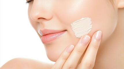 Close-up of a woman applying exfoliating facial cream, highlighting skincare, beauty, and healthy skin care routine.